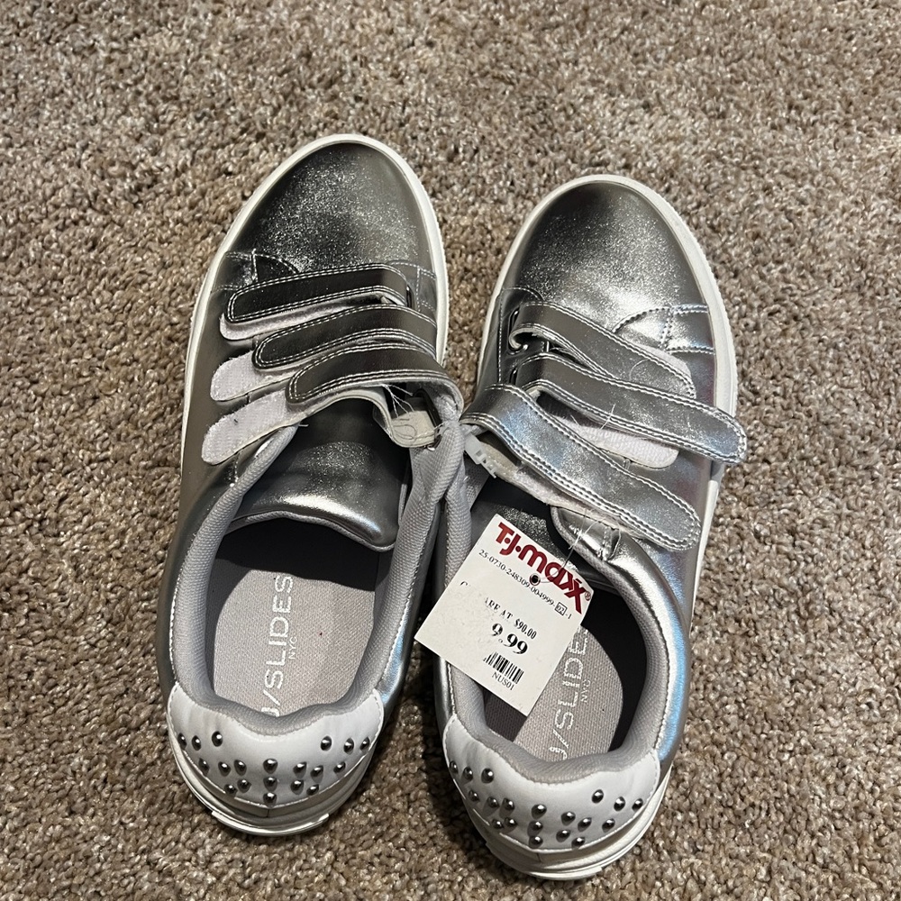 Silver Velcro Sneakers with Studded Heel